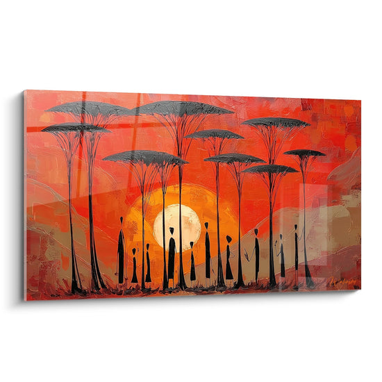 Tableau moderne representant coucher soleil savane africaine avec silhouettes acacias sur fond rouge orange