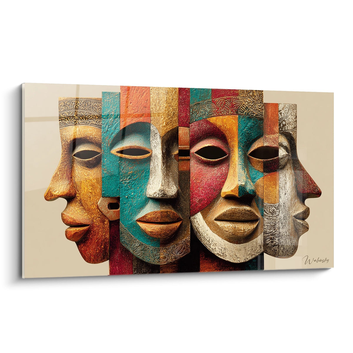 Tableau moderne représentant des masques africains colorés dans un style cubiste avec motifs géométriques