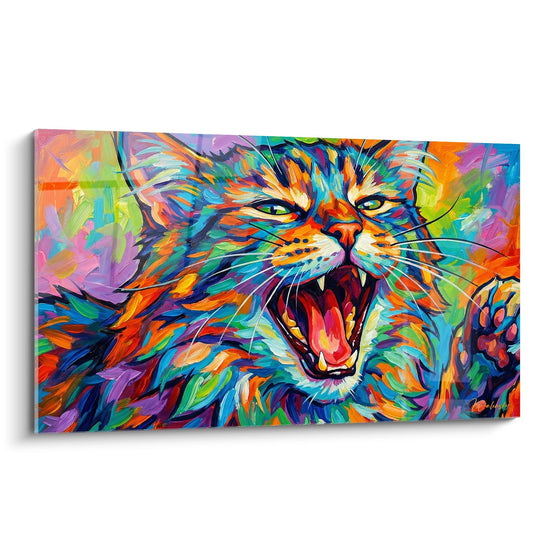 Tableau art mural chat Kurilian Bobtail multicolore rugissant aux couleurs vives orange bleu violet