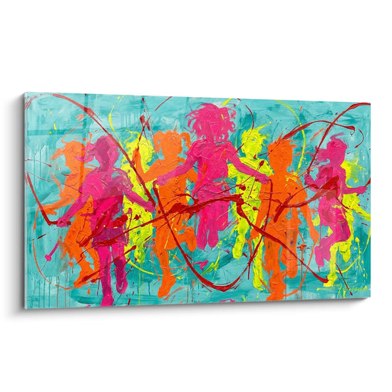 Tableau abstrait moderne aux couleurs vives rose orange jaune sur fond turquoise avec mouvements dynamiques