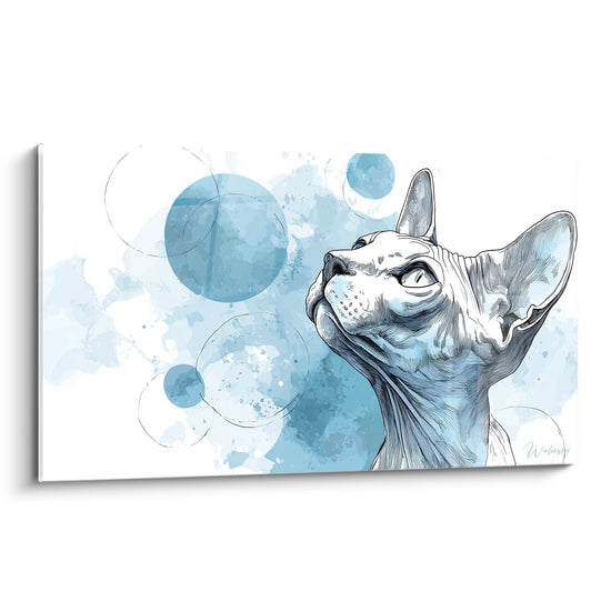 Tableau moderne chat Sphynx aquarelle bleue regard contemplatif art mural contemporain decoration interieure