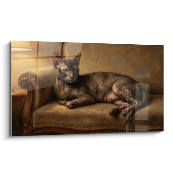 Tableau mural chat Lykoi elegamment allonge sur fauteuil vintage dans lumiere doree ambiance chaleureuse
