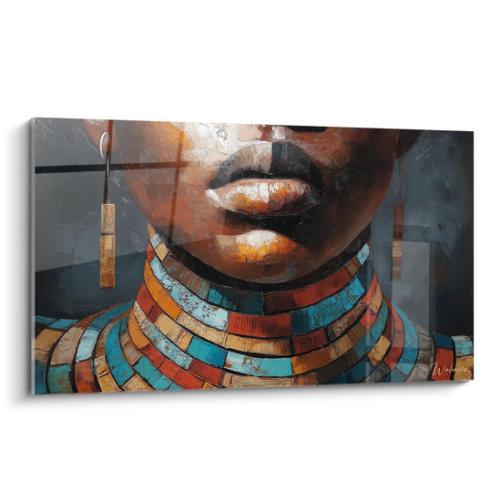 Tableau portrait femme africaine avec collier ethnique multicolore aux tons chauds, art contemporain mural