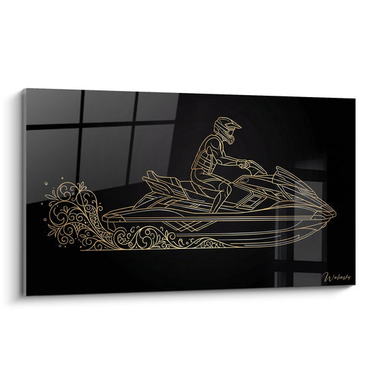 Tableau moderne jetski doré style lineart sur fond noir avec motifs décoratifs de vagues