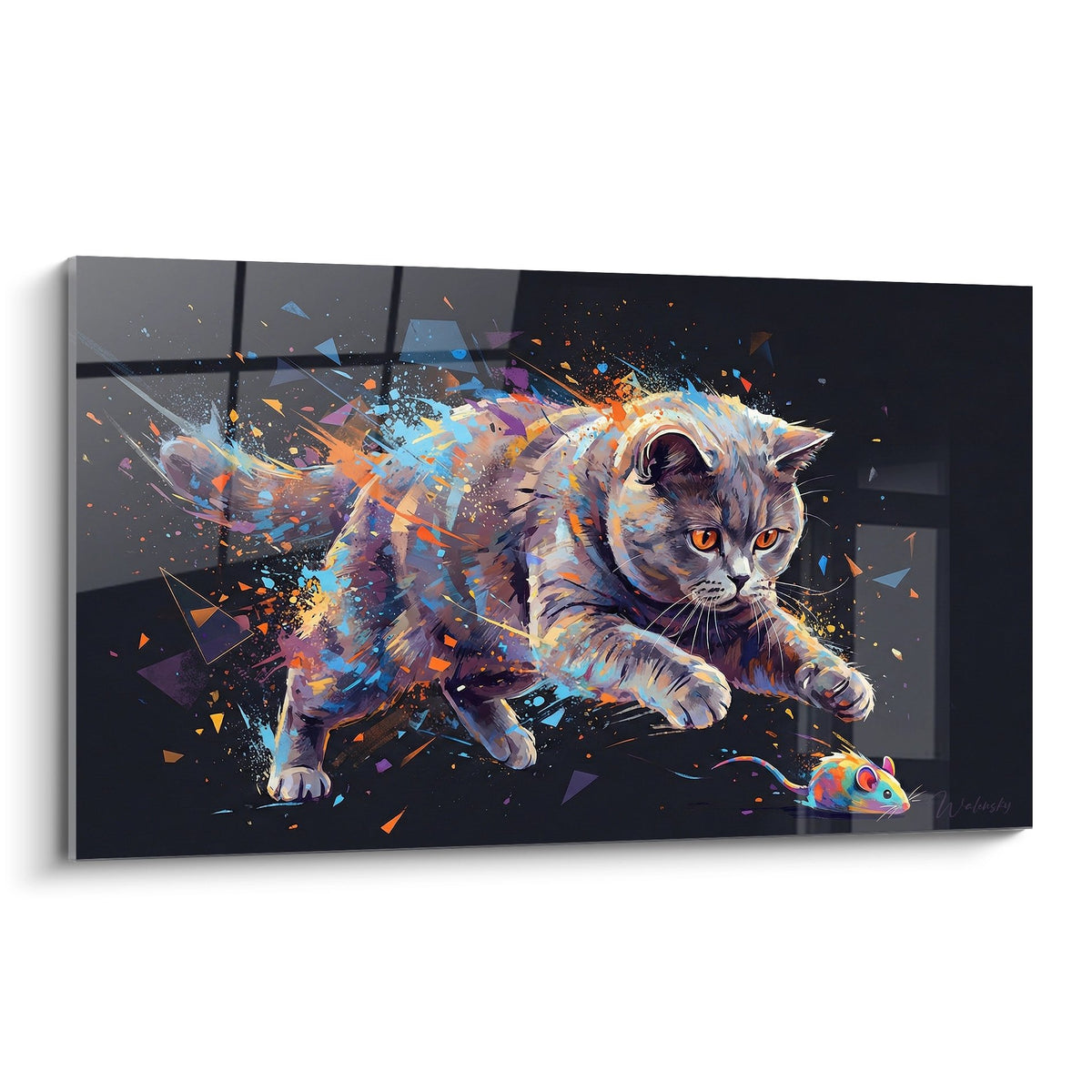 Tableau art digital chat British shorthair gris avec explosion de couleurs oranges et bleues sur fond sombre