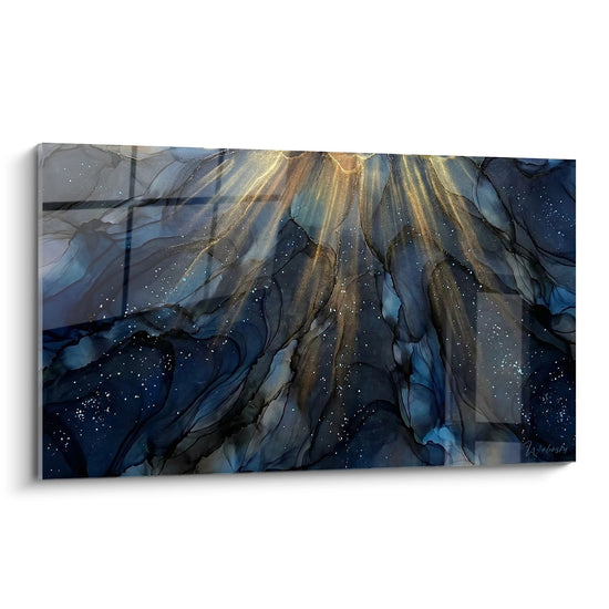 Tableau abstrait marin aux tons bleu et or evoquant les profondeurs oceaniques avec effets de lumiere
