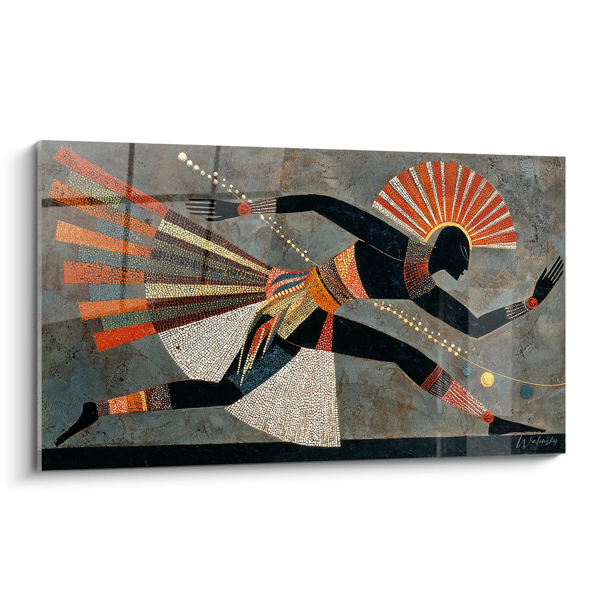 Tableau moderne representant un danseur africain stylise avec motifs geometriques colores orange rouge et noir