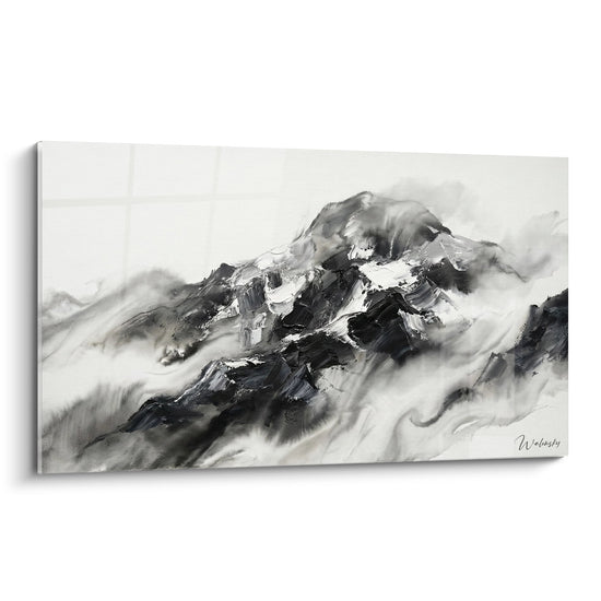 Tableau mural montagne enneigée en noir et blanc avec sommet rocheux dans les nuages style aquarelle moderne