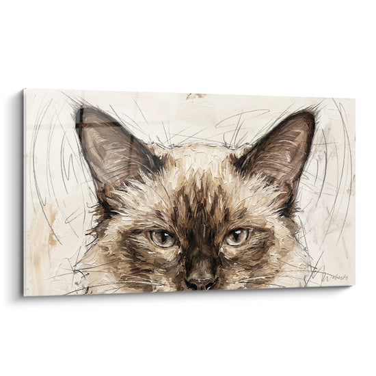 Tableau portrait chat Balinais aux yeux perçants, peinture moderne tons beiges et bruns, art mural félin