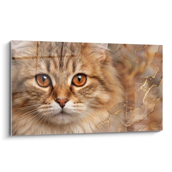 Tableau mural chat Ragamuffin aux yeux ambrés avec fond marbré doré, art félin décoratif