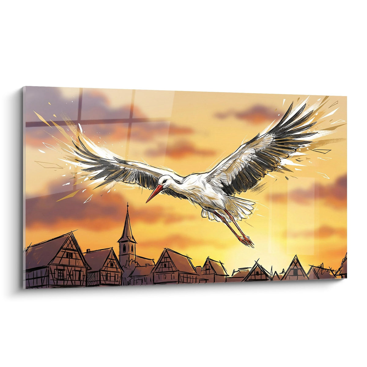 Tableau cigogne alsacienne en vol au coucher de soleil au-dessus des toits traditionnels avec colombages