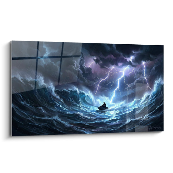 Tableau artistique jetski dans tempête marine avec éclairs violets et vagues géantes sur toile décorative