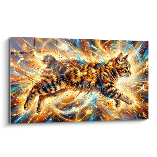 Tableau moderne représentant un chat Manx tigré dans une explosion artistique de couleurs dorées et bleues