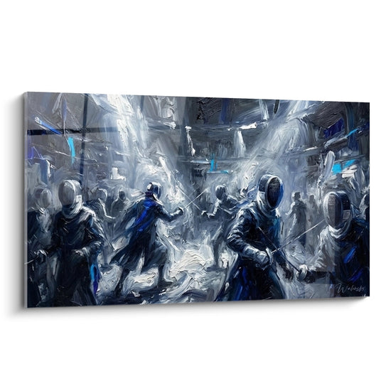 Tableau artistique représentant un combat d'escrime dramatique avec plusieurs escrimeurs en action, tons bleus et gris