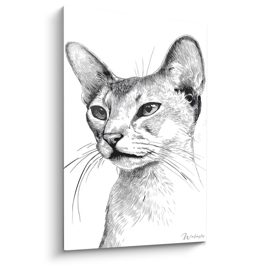 Portrait artistique chat Abyssin noir et blanc, dessin detaille pour decoration murale moderne et elegante