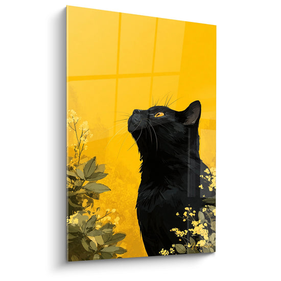 Tableau artistique d'un chat noir Bombay levant la tete parmi des fleurs dorees sur fond jaune lumineux