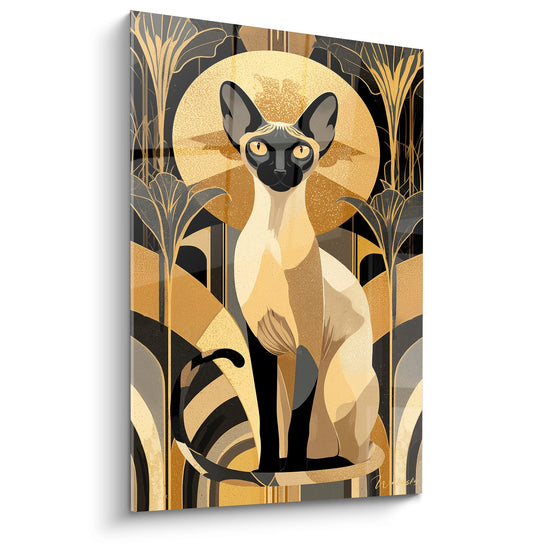 Tableau mural chat siamois style Art Déco avec motifs dorés et fond géométrique vintage élégant