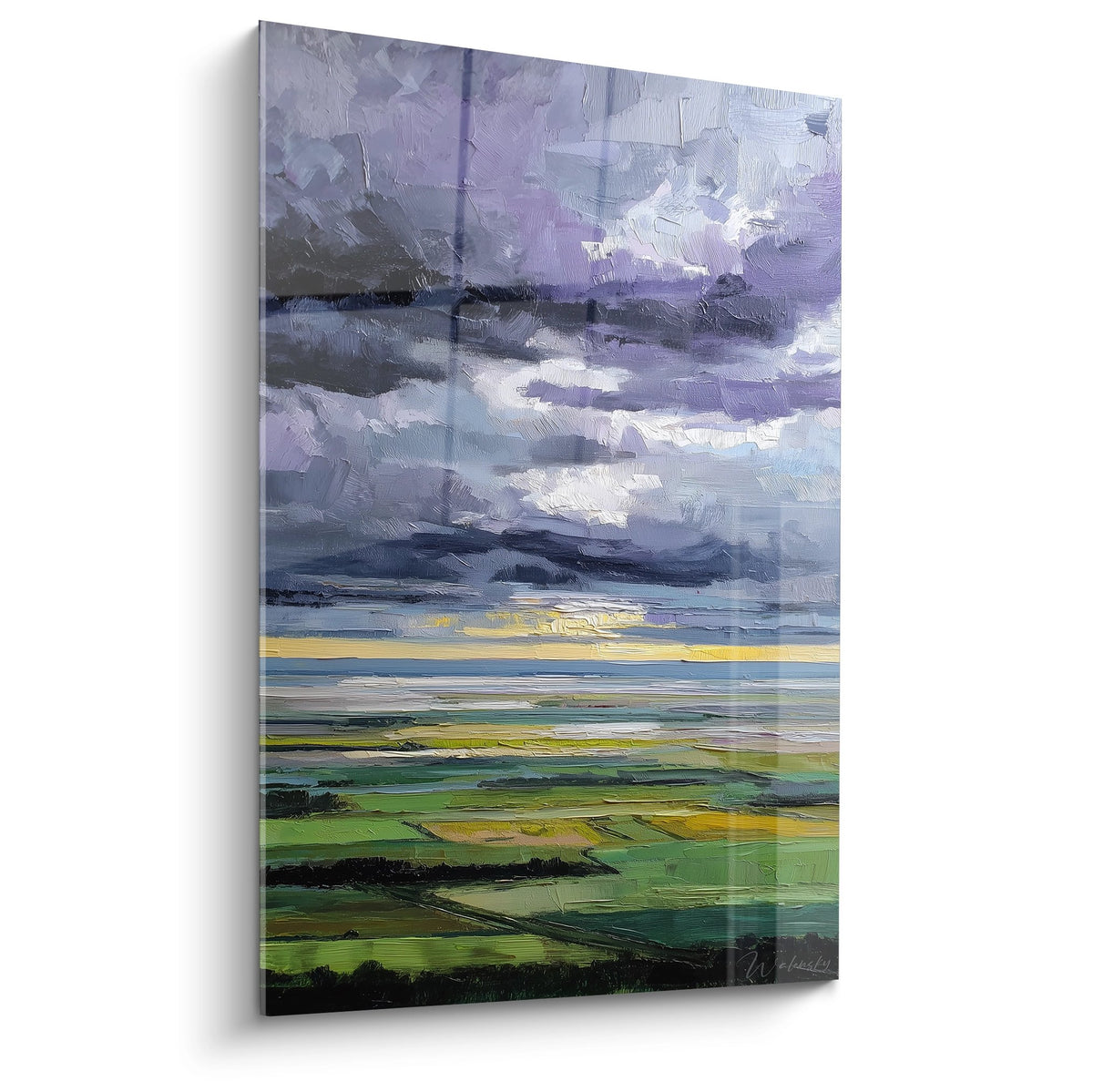 Tableau paysage normand avec ciel d'orage violet et champs verts, peinture au couteau style impressionniste