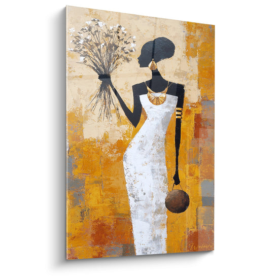 Tableau art africain femme elegante robe blanche bouquet fleurs fond dore ocre decoration murale moderne