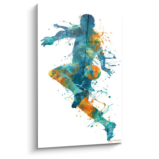 Tableau art moderne footballeur en skateboard style aquarelle eclaboussee bleu orange decoration murale sport