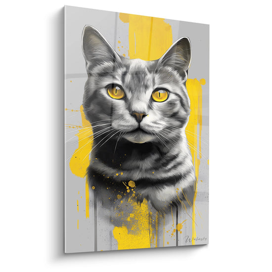 Tableau moderne chat American Shorthair gris aux yeux dores avec eclaboussures jaunes sur fond gris artistique
