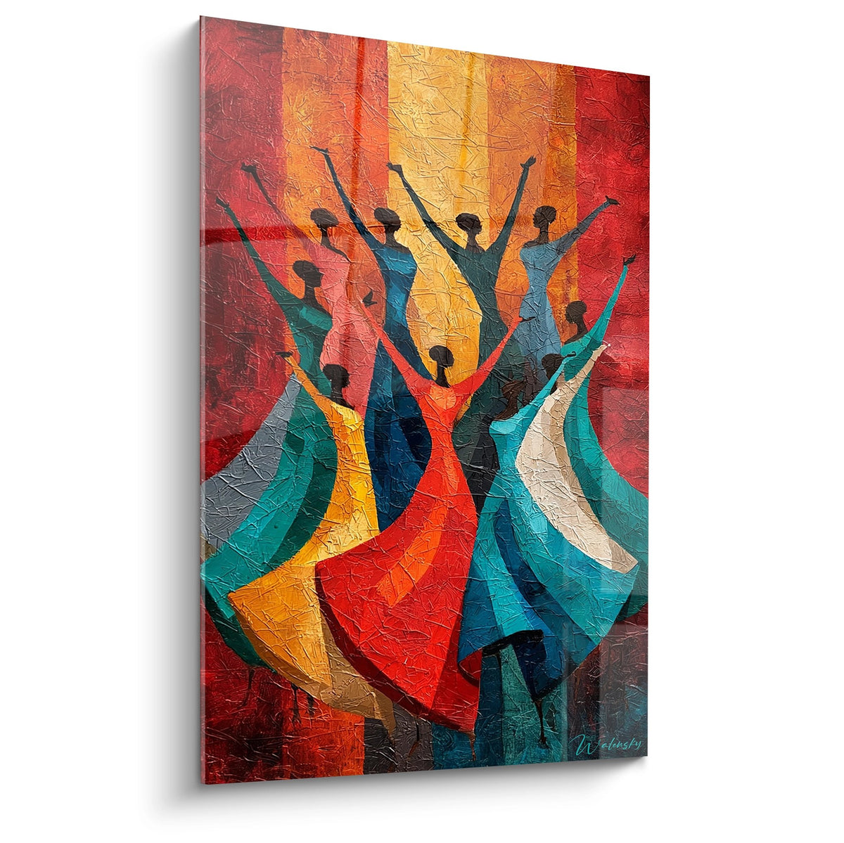 Tableau moderne de danseuses africaines aux bras leves, silhouettes colorees sur fond chaud orange et rouge
