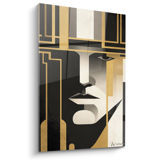 Tableau art deco portrait feminin geometrique dore noir et blanc style annees 20 decoration murale