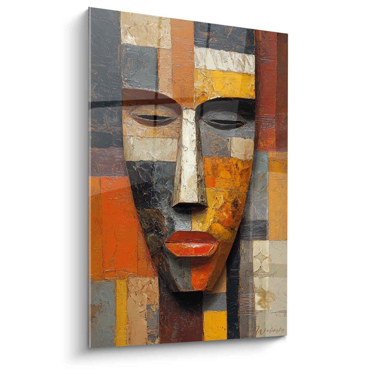 Tableau masque cubiste africain aux tons terracotta et ocre, style art tribal moderne avec visage geometrique