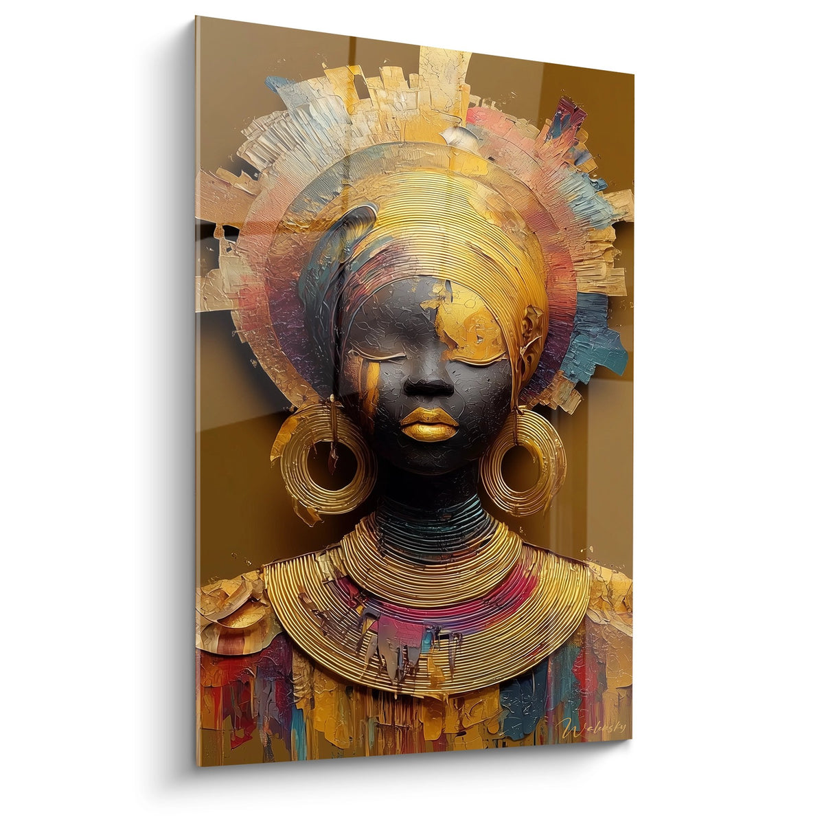 Tableau art africain femme couronne doree bijoux traditionnels peinture relief tons chauds decoration murale