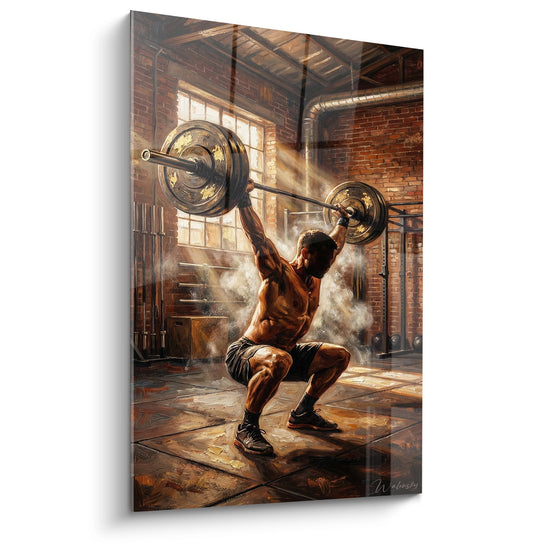 Tableau crossfit overhead squat athlète musclé salle entrainement industrielle brique rouge art mural gym