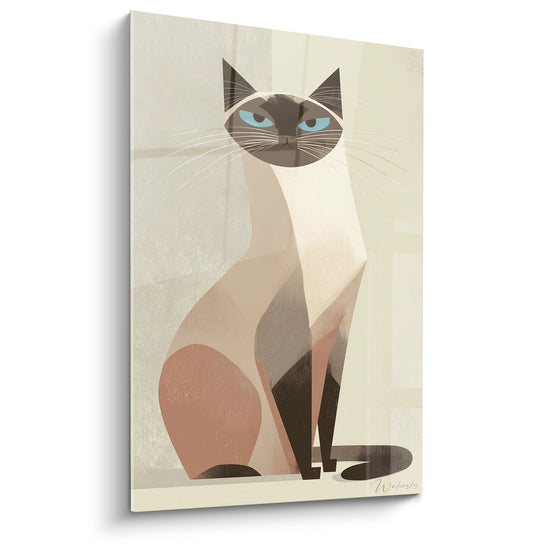 Tableau moderne chat siamois géométrique aux yeux bleus, style minimaliste beige et taupe pour décoration
