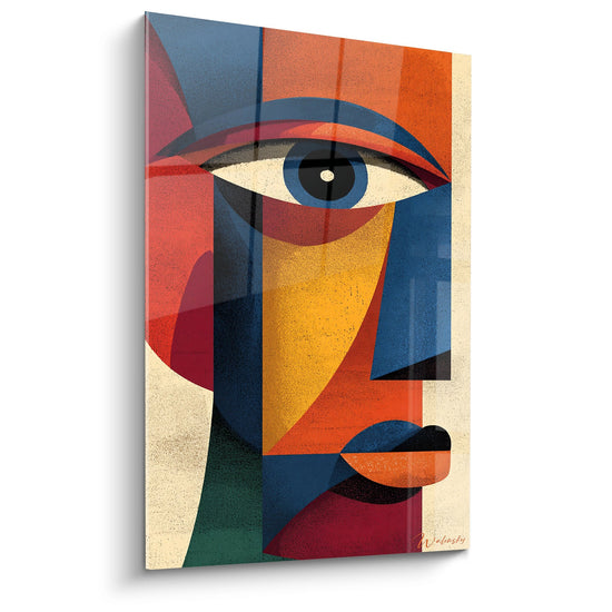 Tableau mural style cubiste représentant un visage géométrique inspiré de l'art tribal africain aux couleurs vives