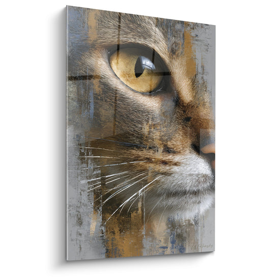 Tableau artistique representant l oeil dore perçant d un chat Abyssin sur fond texture moderne