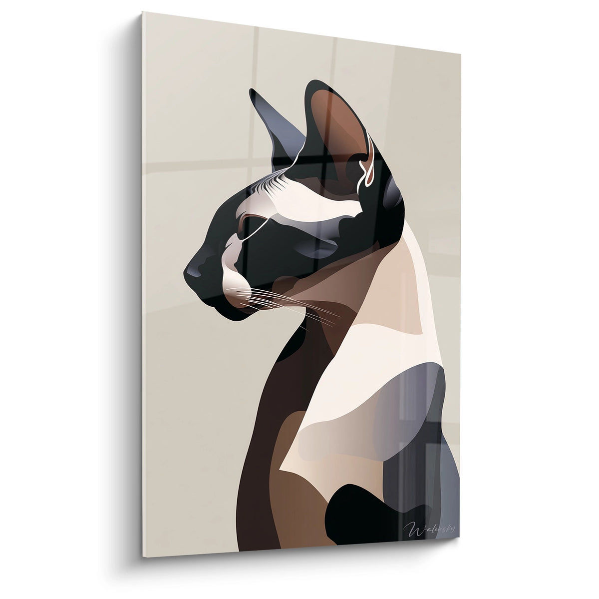 Tableau mural chat Sphynx style géométrique moderne tons beiges et noirs art contemporain félin déco