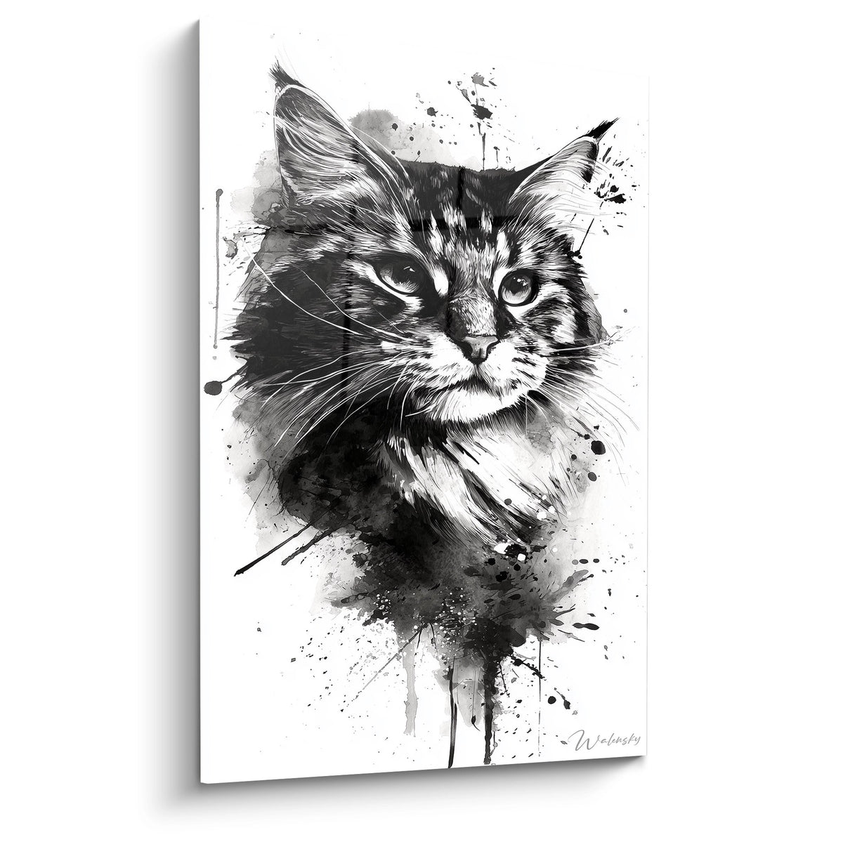Tableau chat American Bobtail aquarelle noir et blanc avec eclaboussures artistiques style contemporain