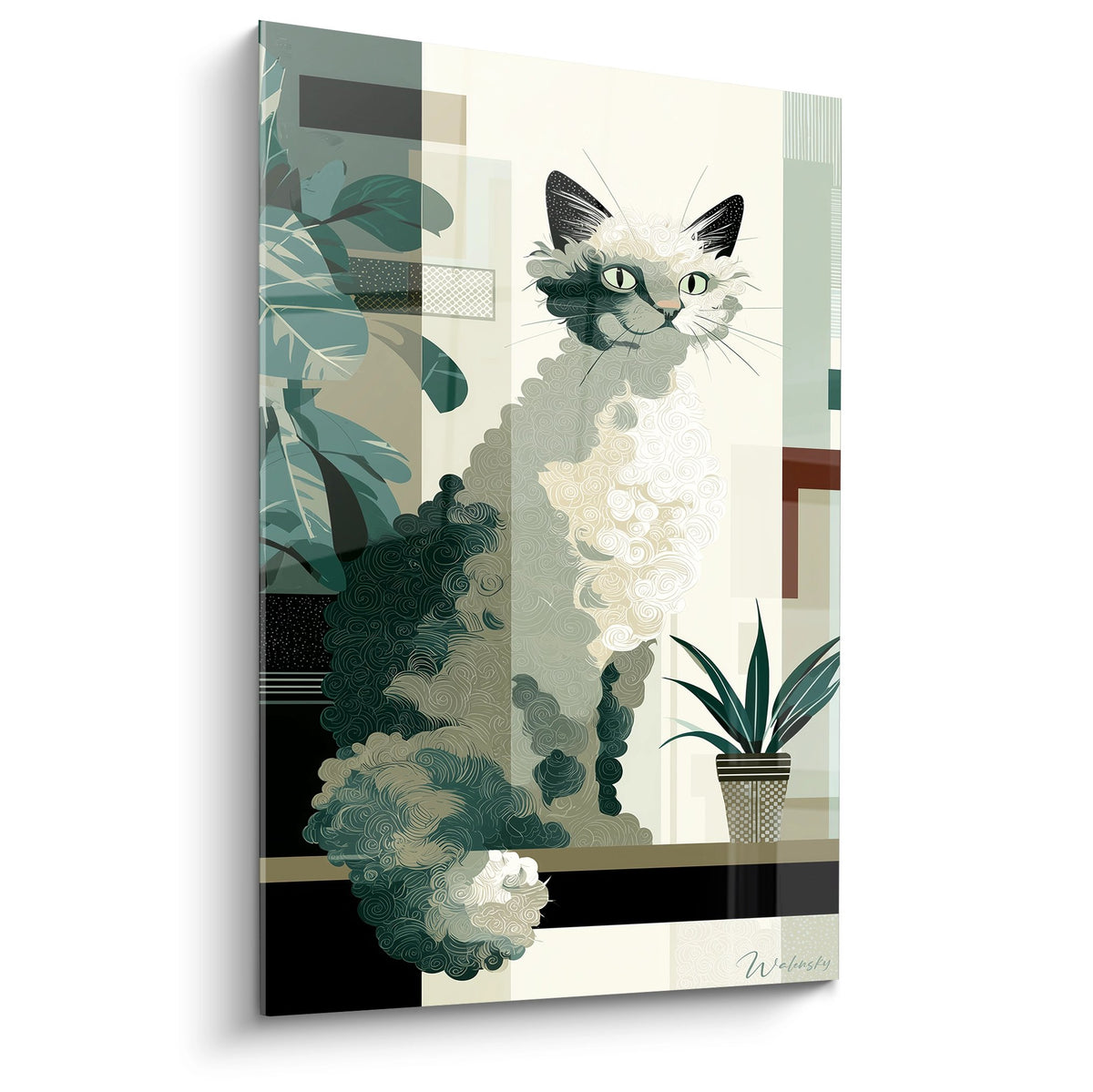 Tableau mural moderne chat Selkirk Rex avec motifs végétaux géométriques tons verts et beiges style contemporain