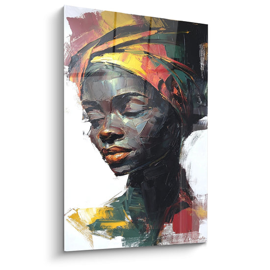 Tableau portrait femme africaine avec turban coloré, peinture moderne aux couleurs vives jaune rouge vert