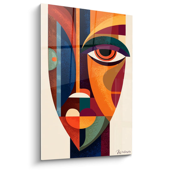 Tableau art tribal africain contemporain representant masque geometrique colore aux tons orange rouge bleu