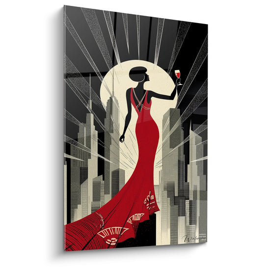 Tableau art deco femme elegante robe rouge ville gratte-ciel rayons dores style vintage decoration murale