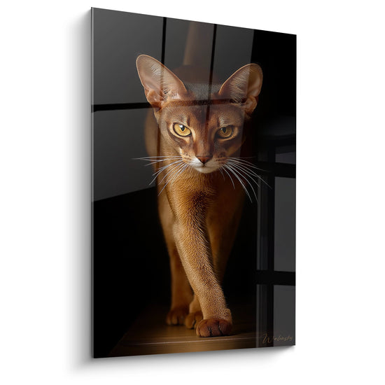 Portrait artistique chat Abyssin aux yeux ambre, pelage cuivre, tableau mural decoration interieure moderne