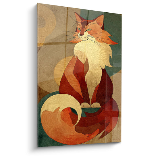 Tableau artistique chat Somali roux assis avec queue enroulee sur fond colore style moderne decoration murale