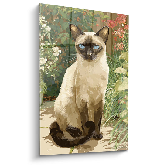 Tableau mural chat siamois aux yeux bleus assis dans jardin fleuri avec vegetation luxuriante