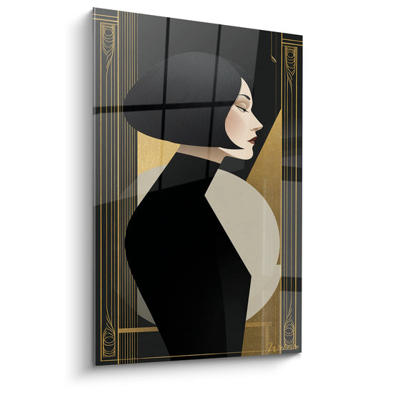 Portrait art déco d'une femme élégante aux cheveux noirs avec ornements dorés géométriques sur fond sophistiqué