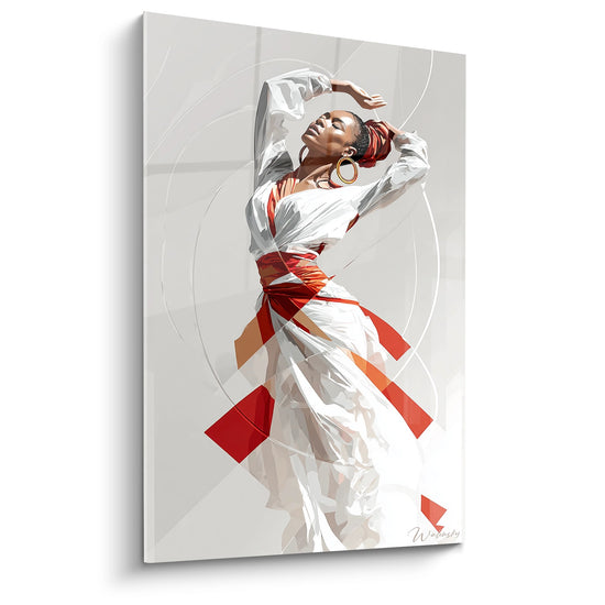 Tableau moderne d'une femme africaine dansante en tenue rouge et blanche sur fond géométrique beige