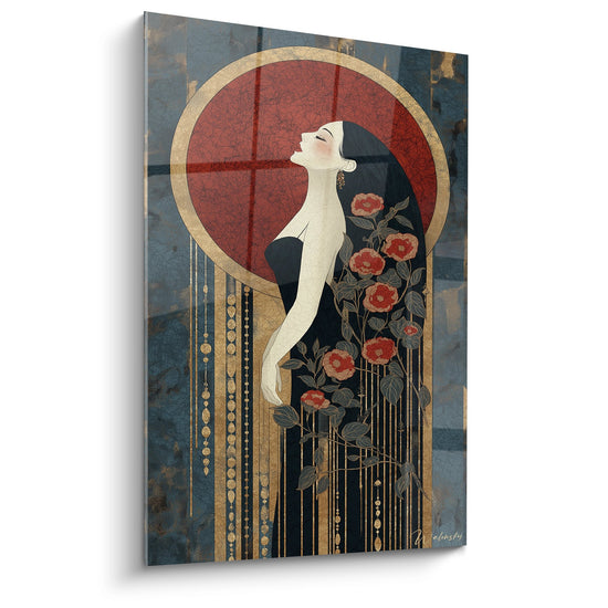 Tableau art déco femme élégante profil roses rouges cercle bordeaux fond bleu doré style années 1920