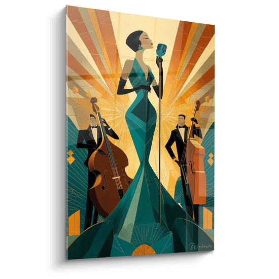 Tableau art déco représentant une chanteuse jazz en robe turquoise avec microphone et musiciens contrebasse