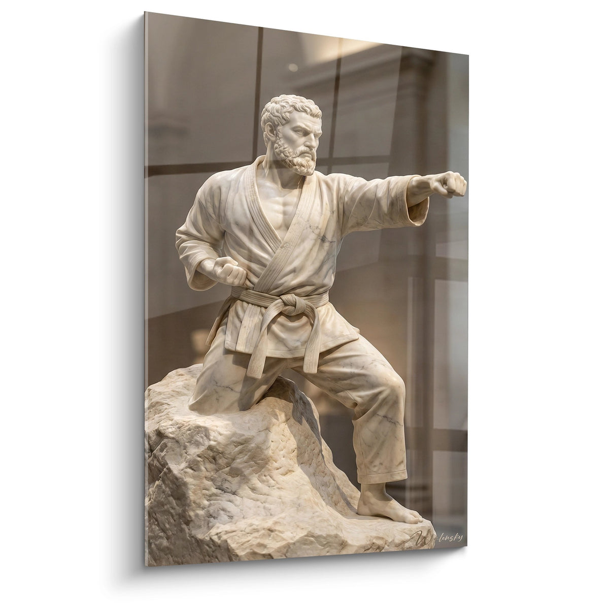 Tableau mural représentant une statue de maître karaté en marbre blanc dans une posture de combat traditionnelle