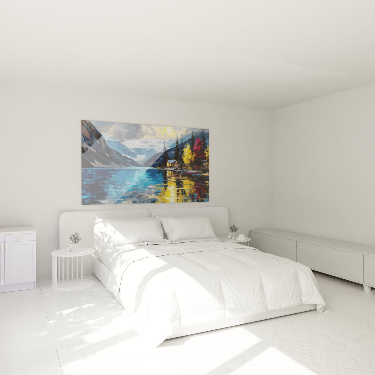 Ambiance chambre avec tableau lac automne aux couleurs chaudes, décoration murale apaisante style nature