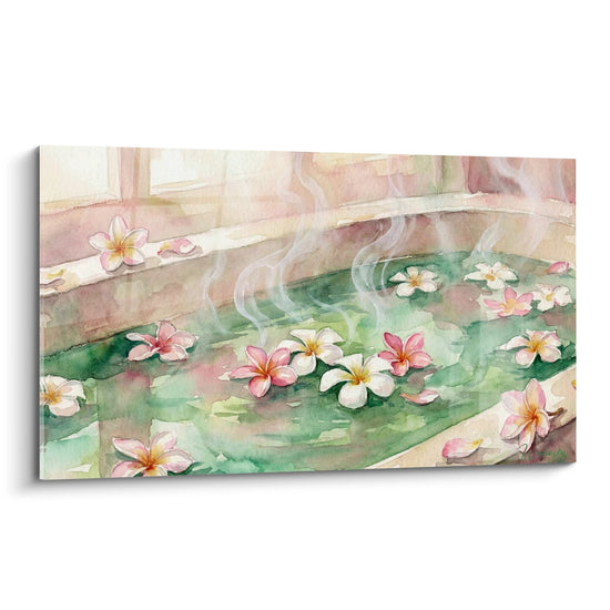 Aquarelle fleurs frangipanier roses blanches flottant bassin thermal vapeur decoration murale bali