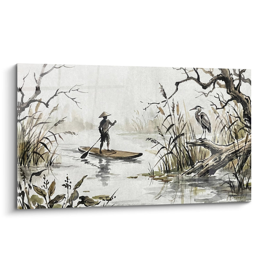 Tableau Aquarelle Homme au Chapeau Navigant en Pagaie sur Étang Brumeux aux Tons Sépia - Voyage Contemplatif - Edition Paddle